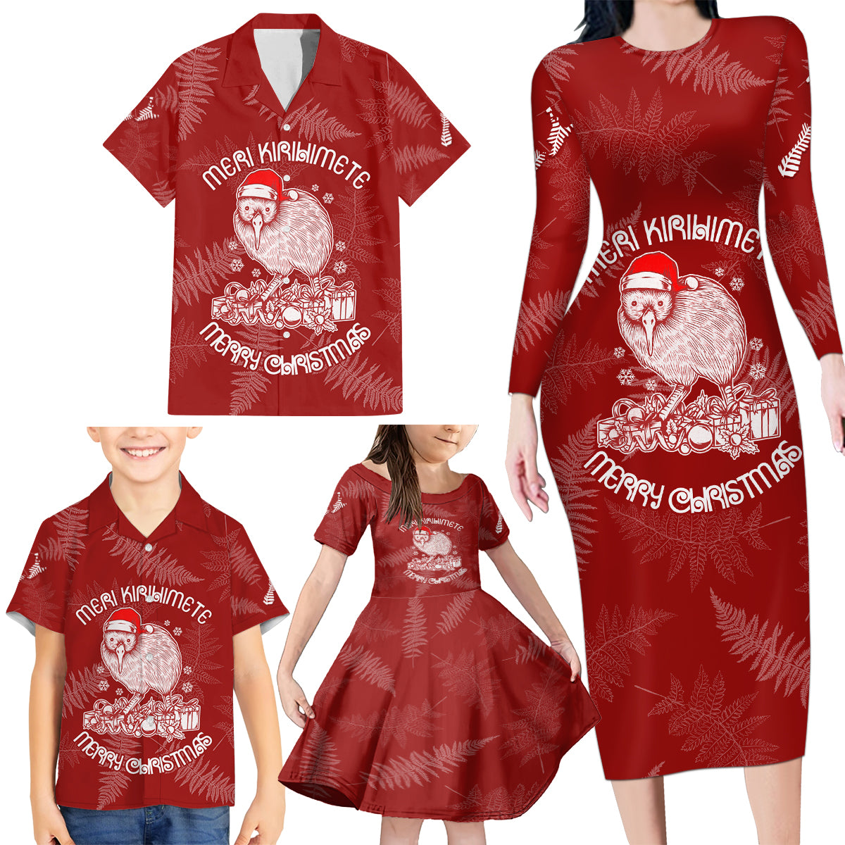 new-zealand-christmas-family-matching-long-sleeve-bodycon-dress-and-hawaiian-shirt-silver-fern-mix-kiwi-bird-ver01