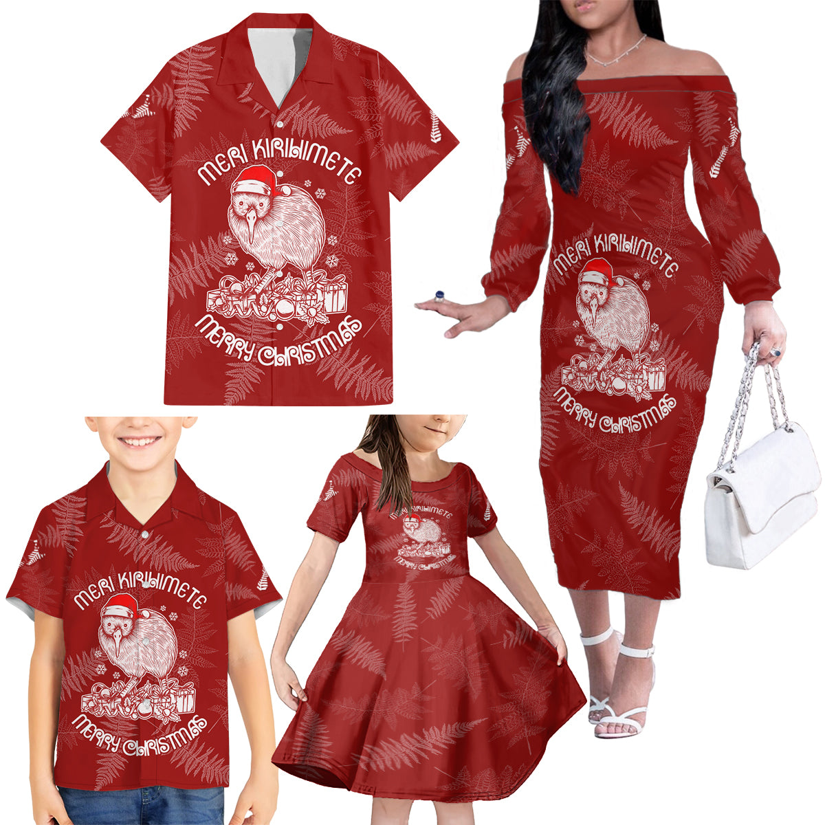 new-zealand-christmas-family-matching-off-shoulder-long-sleeve-dress-and-hawaiian-shirt-silver-fern-mix-kiwi-bird-ver01