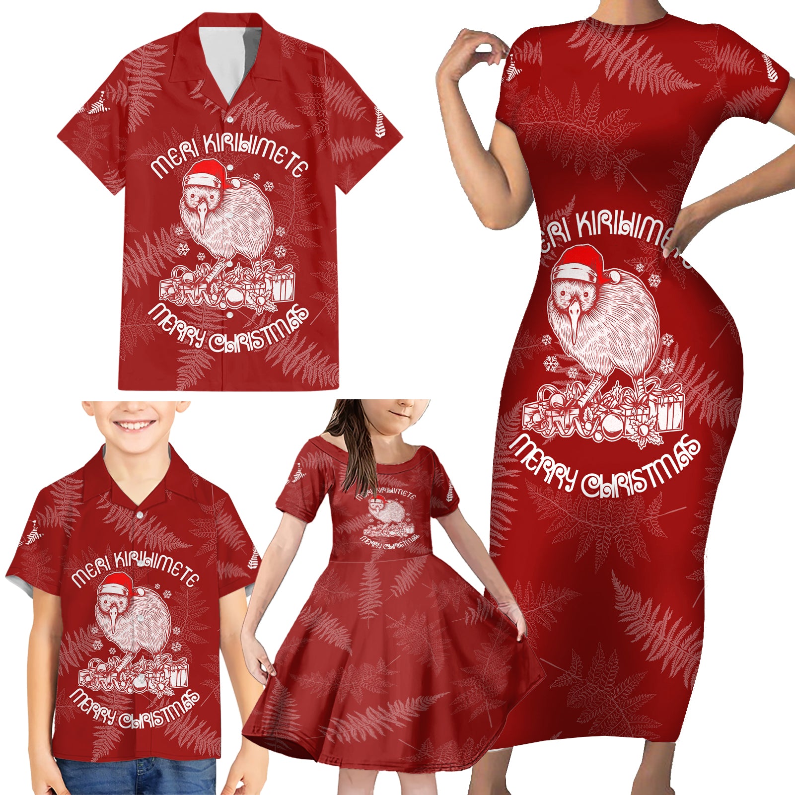 new-zealand-christmas-family-matching-short-sleeve-bodycon-dress-and-hawaiian-shirt-silver-fern-mix-kiwi-bird-ver01