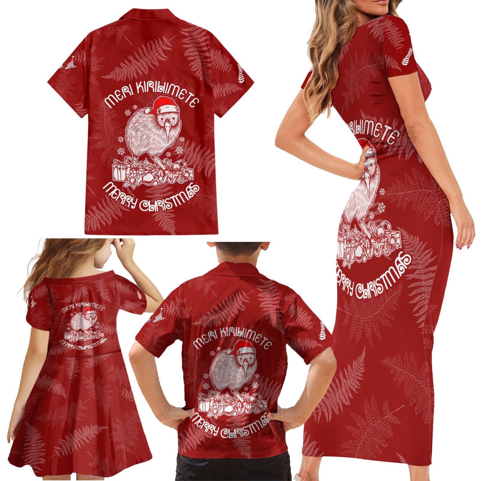 new-zealand-christmas-family-matching-short-sleeve-bodycon-dress-and-hawaiian-shirt-silver-fern-mix-kiwi-bird-ver01