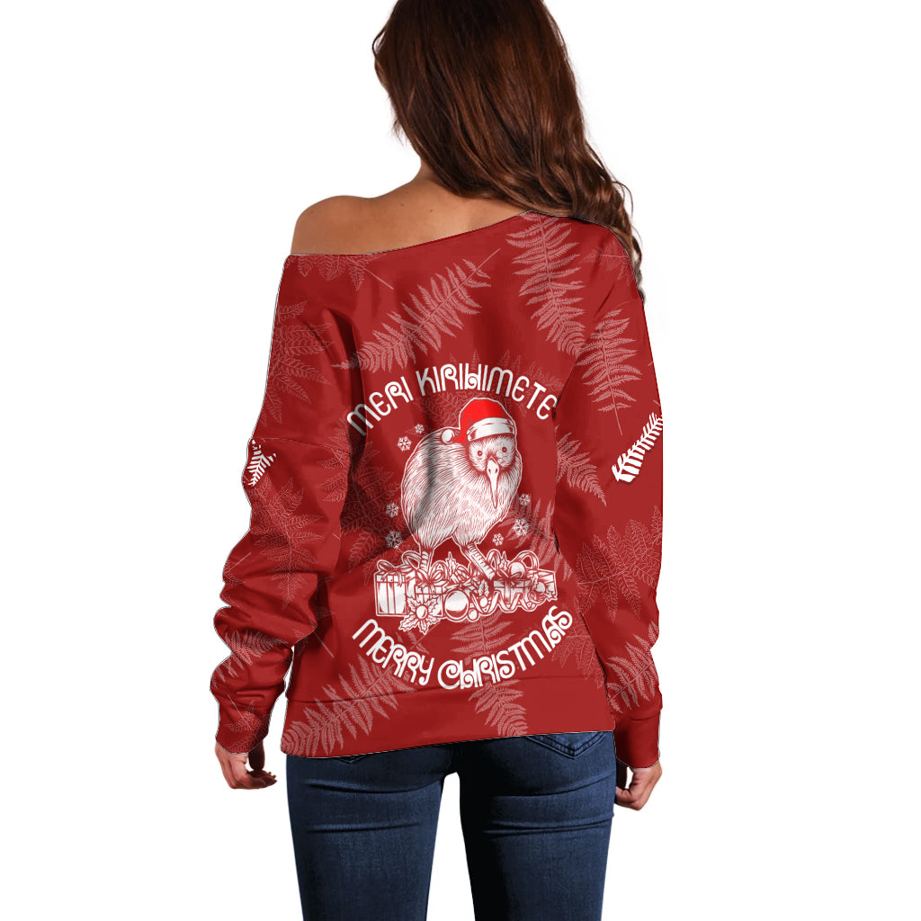 New Zealand Christmas Off Shoulder Sweater Silver Fern Mix Kiwi Bird Ver01 - Vibe Hoodie Shop