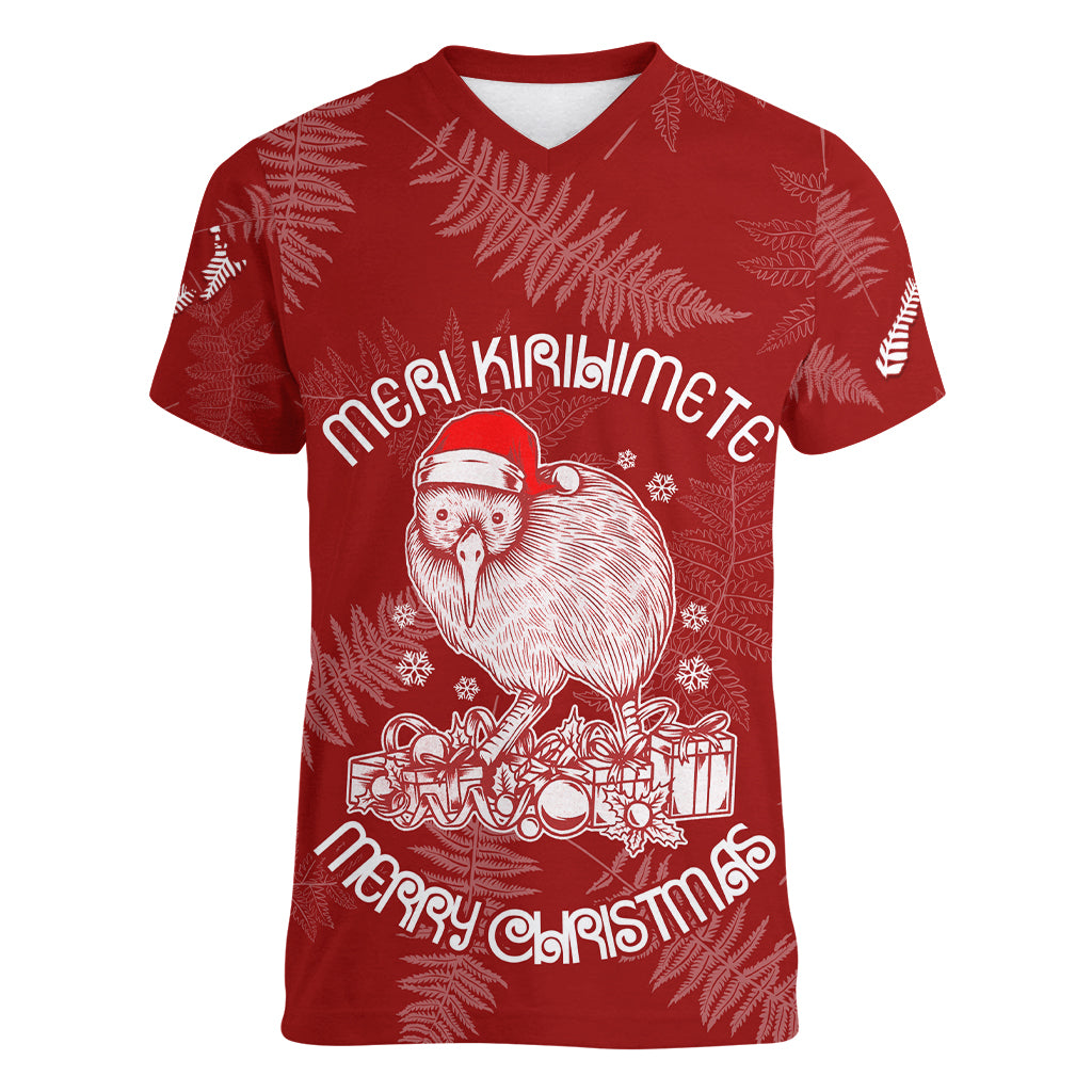 New Zealand Christmas Women V Neck T Shirt Silver Fern Mix Kiwi Bird Ver01 - Vibe Hoodie Shop