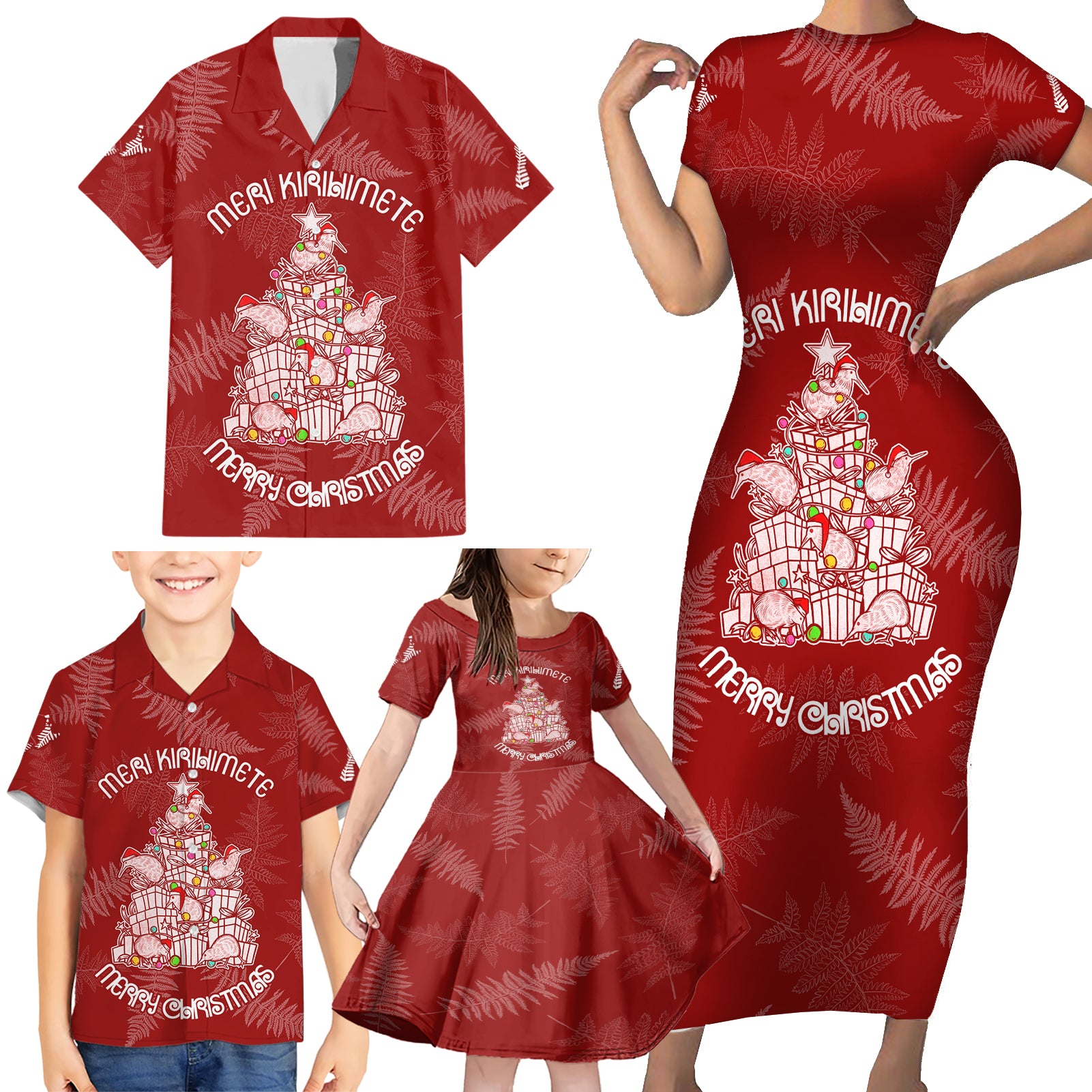 new-zealand-christmas-family-matching-short-sleeve-bodycon-dress-and-hawaiian-shirt-silver-fern-mix-kiwi-bird-ver02