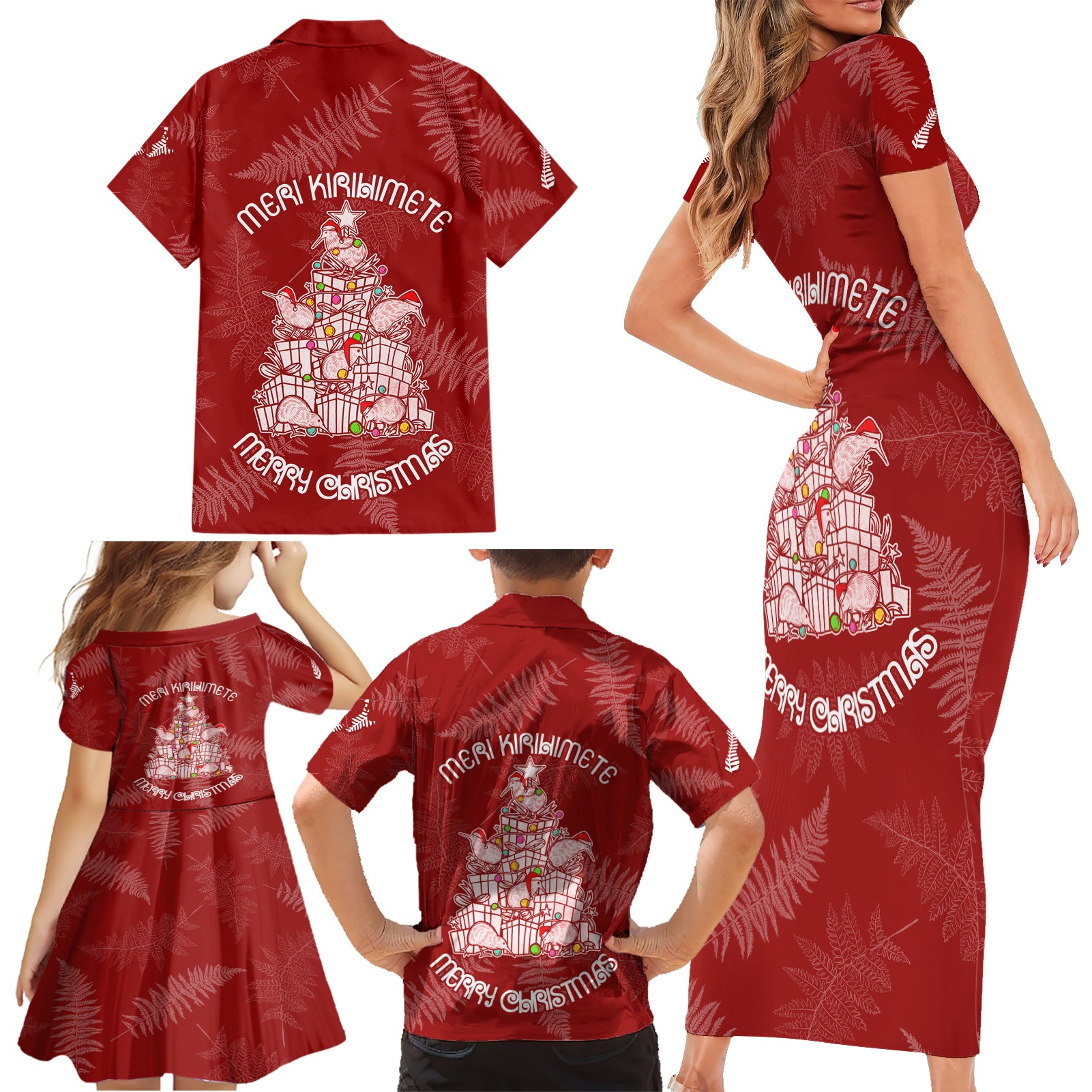 new-zealand-christmas-family-matching-short-sleeve-bodycon-dress-and-hawaiian-shirt-silver-fern-mix-kiwi-bird-ver02