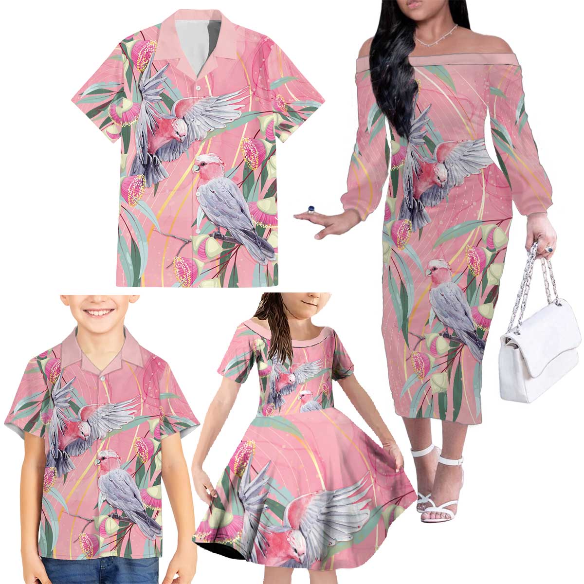 Australia Breast Cancer Awareness Family Matching Off The Shoulder Long Sleeve Dress and Hawaiian Shirt Pink Galah with Eucalyptus Flowers - Vibe Hoodie