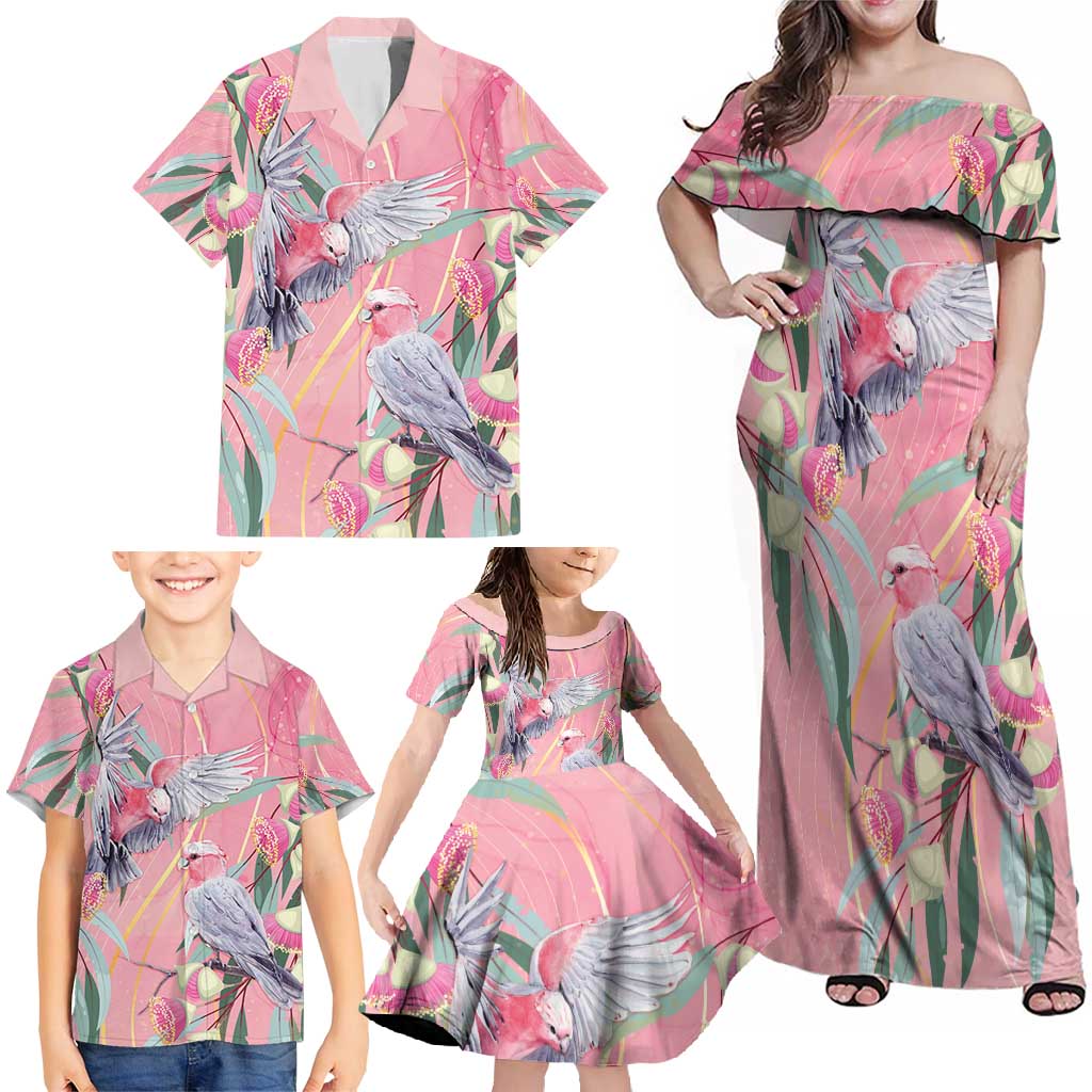 Australia Breast Cancer Awareness Family Matching Off Shoulder Maxi Dress and Hawaiian Shirt Pink Galah with Eucalyptus Flowers - Vibe Hoodie