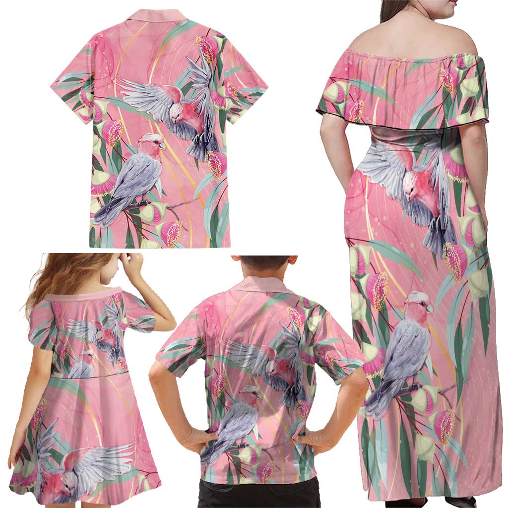 Australia Breast Cancer Awareness Family Matching Off Shoulder Maxi Dress and Hawaiian Shirt Pink Galah with Eucalyptus Flowers - Vibe Hoodie