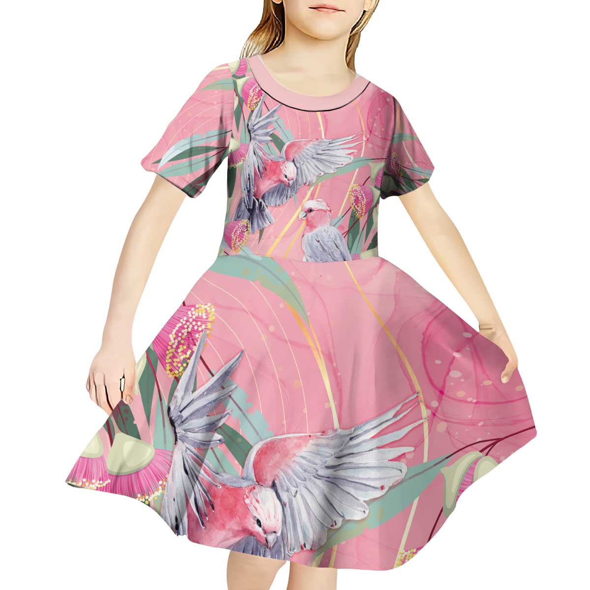 Australia Breast Cancer Awareness Kid Short Sleeve Dress Pink Galah with Eucalyptus Flowers - Vibe Hoodie