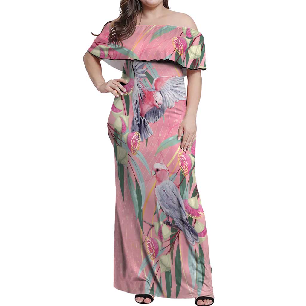 Australia Breast Cancer Awareness Off Shoulder Maxi Dress Pink Galah with Eucalyptus Flowers - Vibe Hoodie