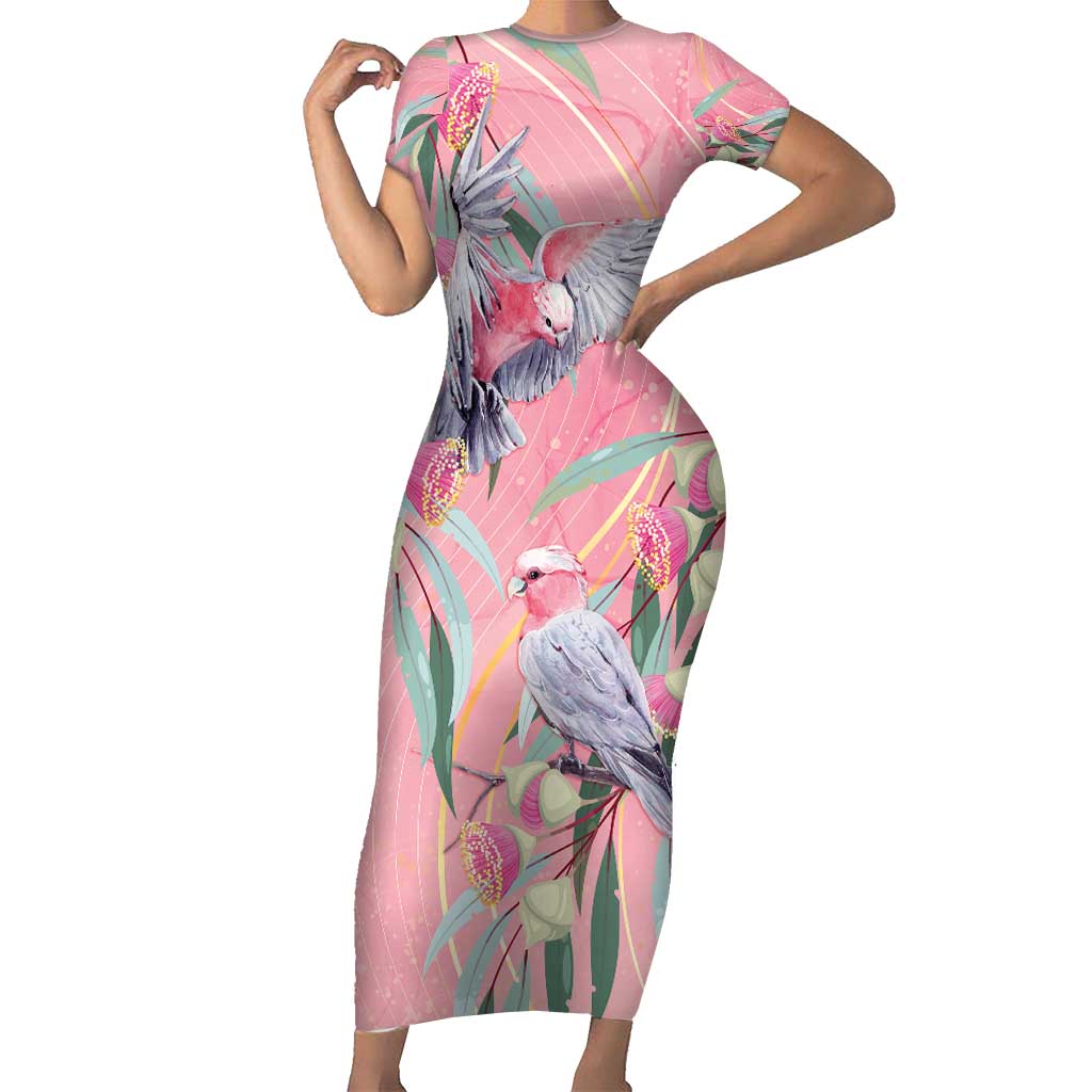 Australia Breast Cancer Awareness Short Sleeve Bodycon Dress Pink Galah with Eucalyptus Flowers - Vibe Hoodie