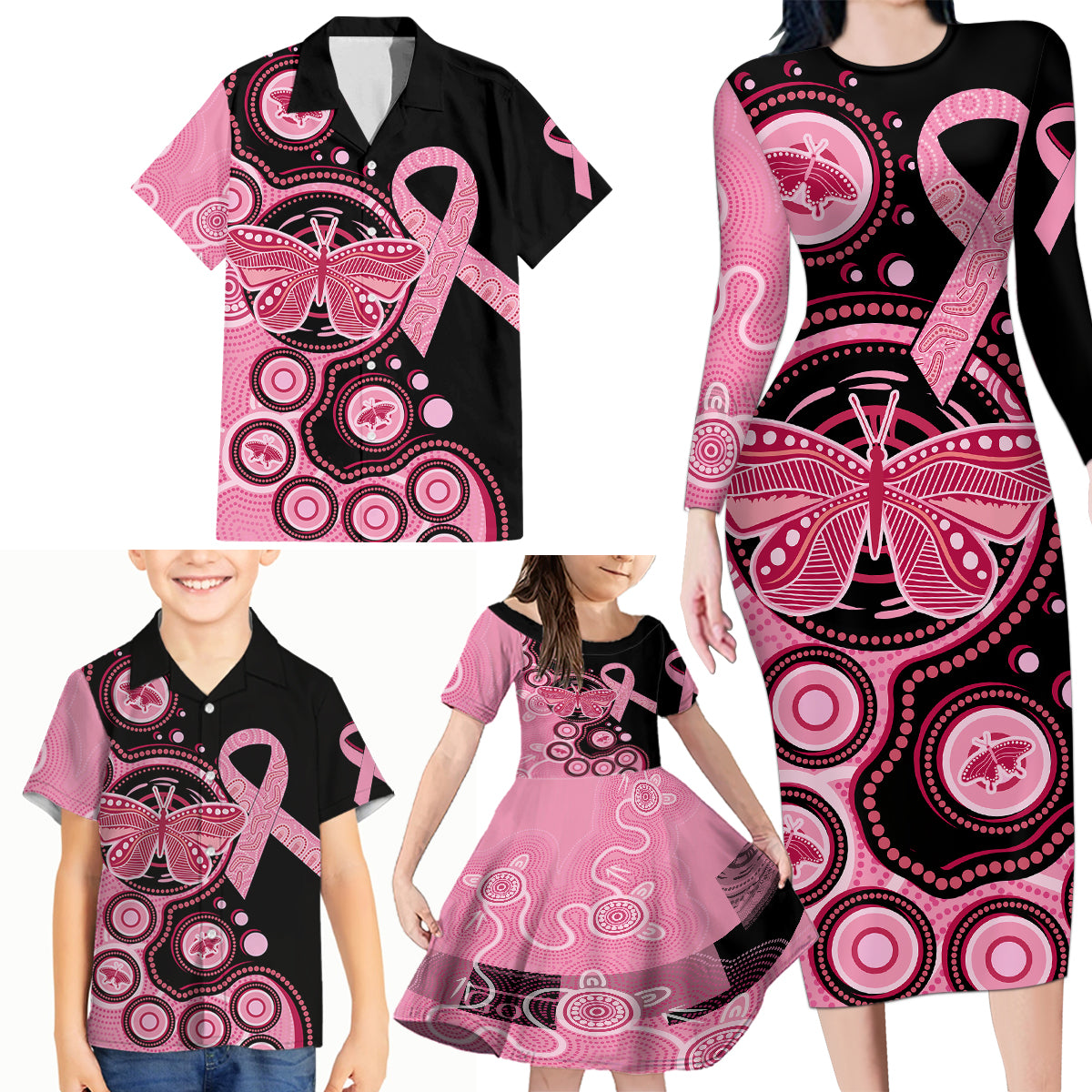 australia-indigenous-family-matching-long-sleeve-bodycon-dress-and-hawaiian-shirt-breast-cancer-ribbon-butterfly-aboriginal-arts