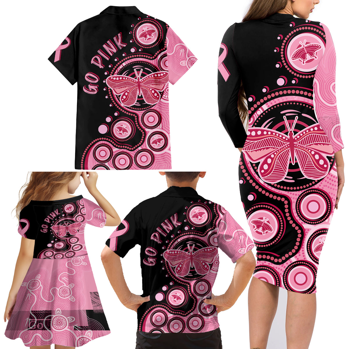 australia-indigenous-family-matching-long-sleeve-bodycon-dress-and-hawaiian-shirt-breast-cancer-ribbon-butterfly-aboriginal-arts