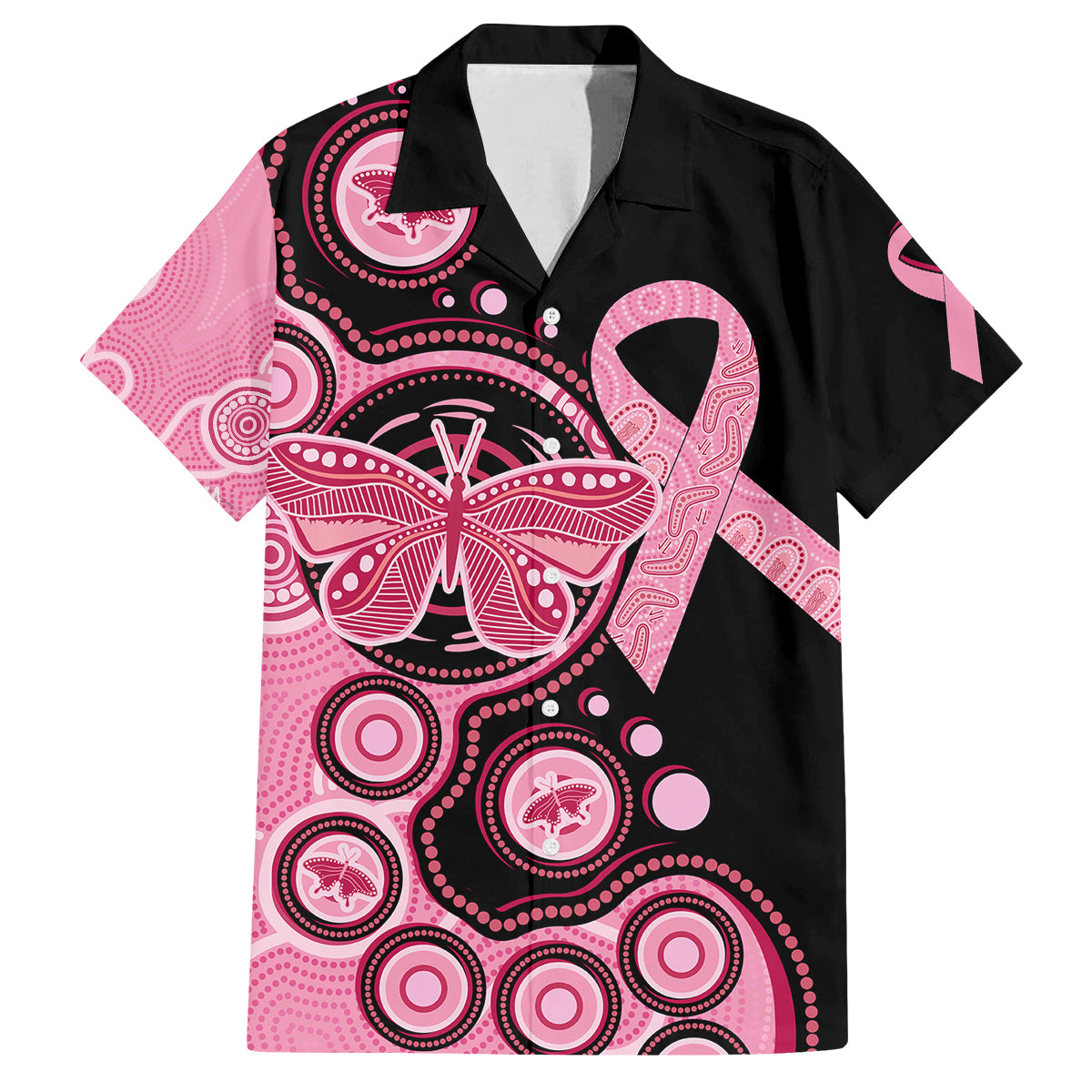 australia-indigenous-family-matching-long-sleeve-bodycon-dress-and-hawaiian-shirt-breast-cancer-ribbon-butterfly-aboriginal-arts