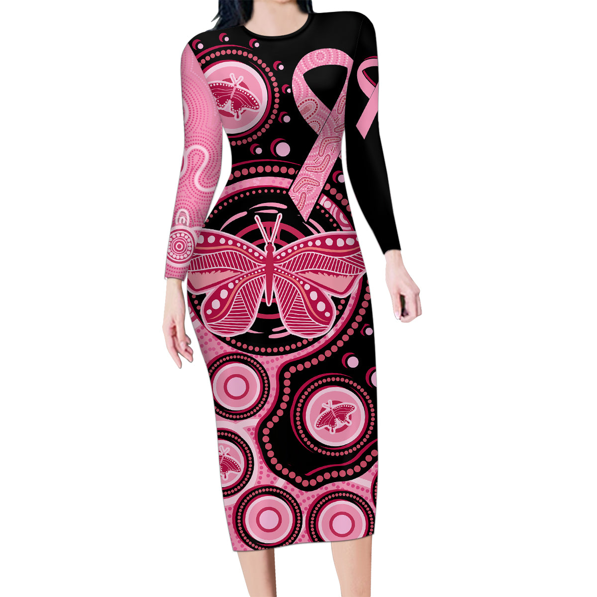 australia-indigenous-family-matching-long-sleeve-bodycon-dress-and-hawaiian-shirt-breast-cancer-ribbon-butterfly-aboriginal-arts