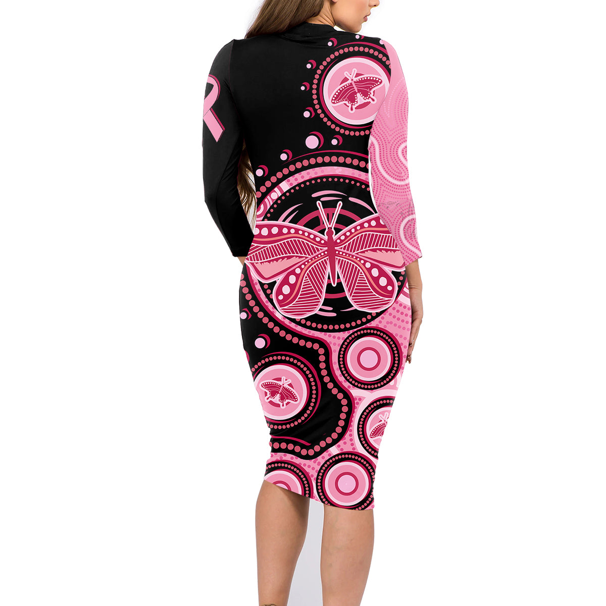 australia-indigenous-family-matching-long-sleeve-bodycon-dress-and-hawaiian-shirt-breast-cancer-ribbon-butterfly-aboriginal-arts