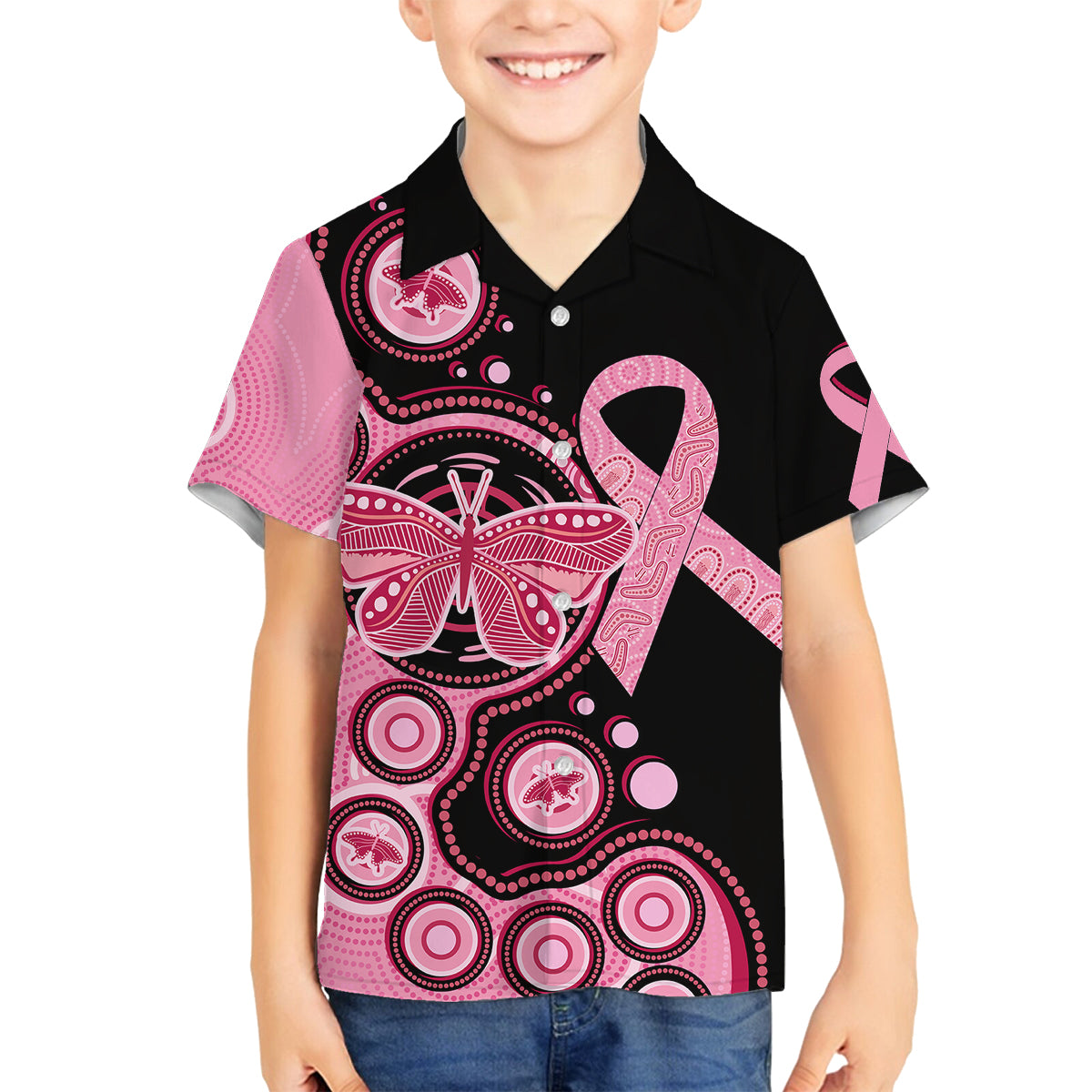 australia-indigenous-family-matching-long-sleeve-bodycon-dress-and-hawaiian-shirt-breast-cancer-ribbon-butterfly-aboriginal-arts