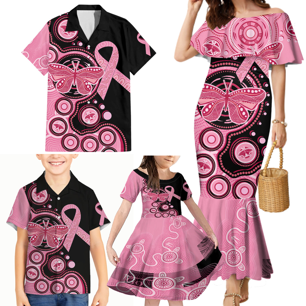 australia-indigenous-family-matching-mermaid-dress-and-hawaiian-shirt-breast-cancer-ribbon-butterfly-aboriginal-arts