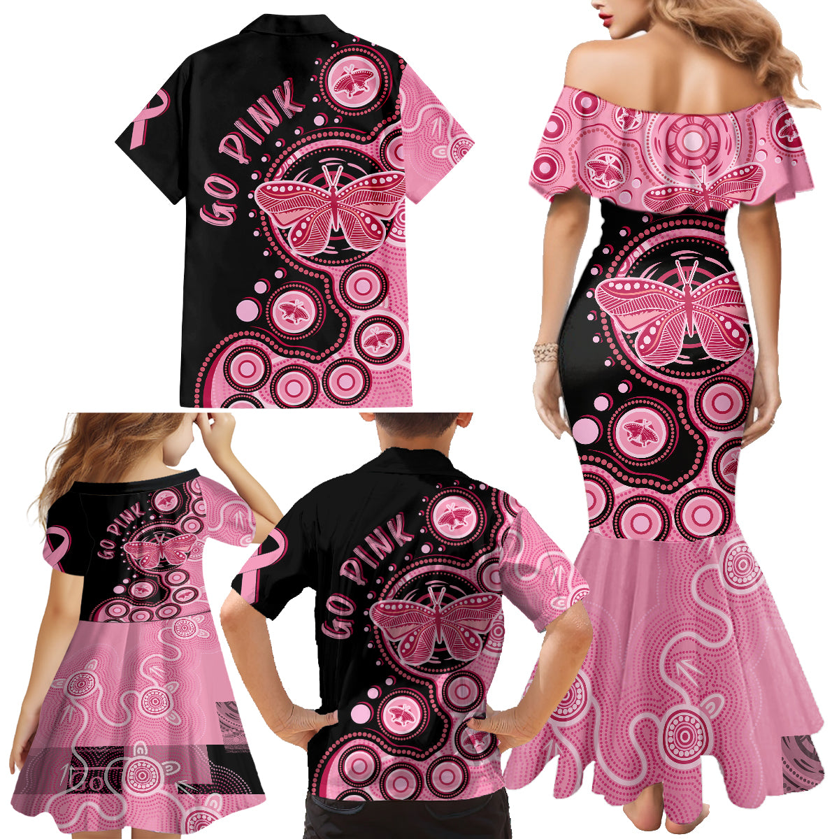 australia-indigenous-family-matching-mermaid-dress-and-hawaiian-shirt-breast-cancer-ribbon-butterfly-aboriginal-arts