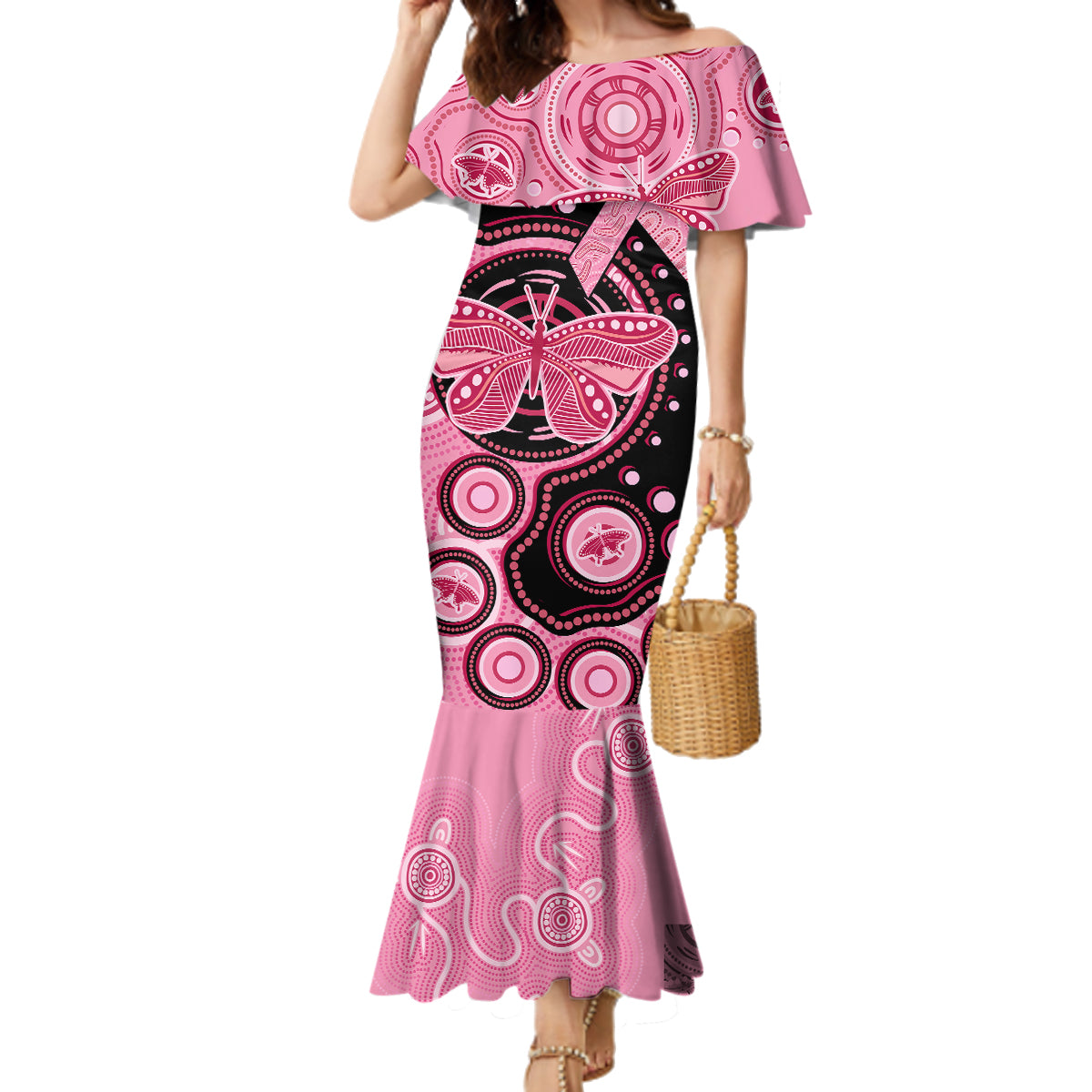 australia-indigenous-family-matching-mermaid-dress-and-hawaiian-shirt-breast-cancer-ribbon-butterfly-aboriginal-arts