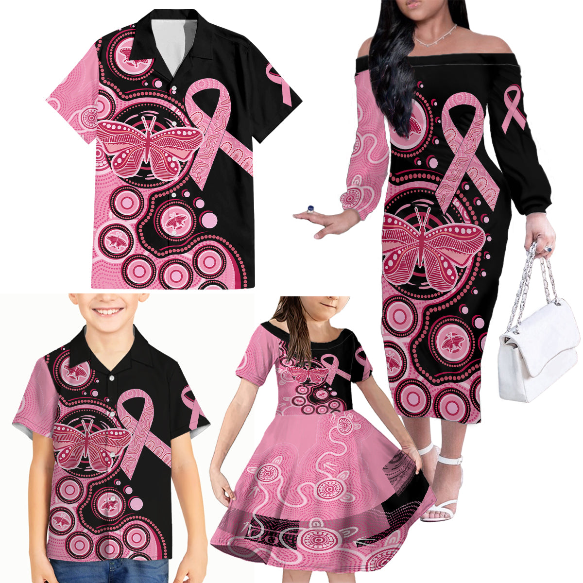 australia-indigenous-family-matching-off-shoulder-long-sleeve-dress-and-hawaiian-shirt-breast-cancer-ribbon-butterfly-aboriginal-arts