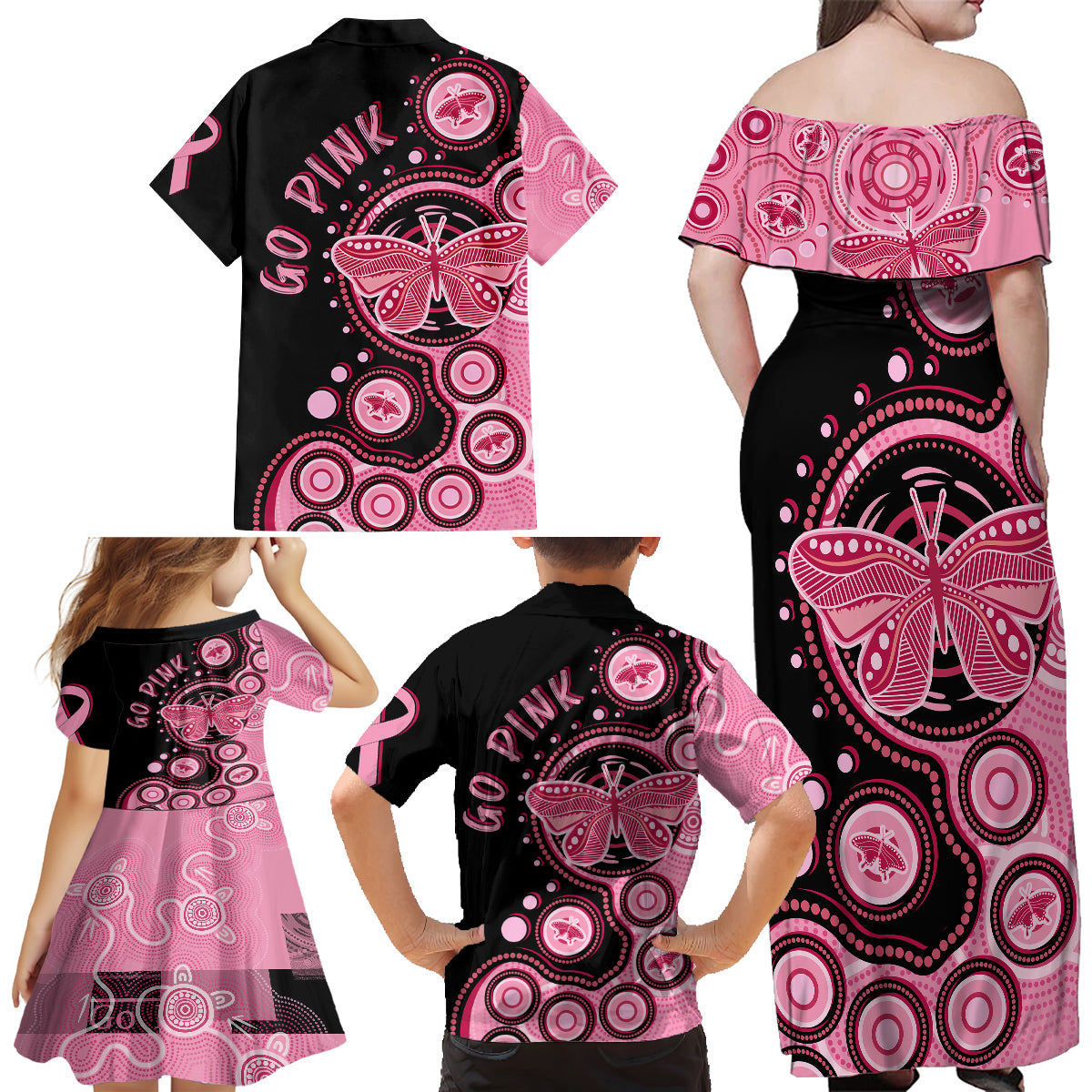 australia-indigenous-family-matching-off-shoulder-long-sleeve-dress-and-hawaiian-shirt-breast-cancer-ribbon-butterfly-aboriginal-arts