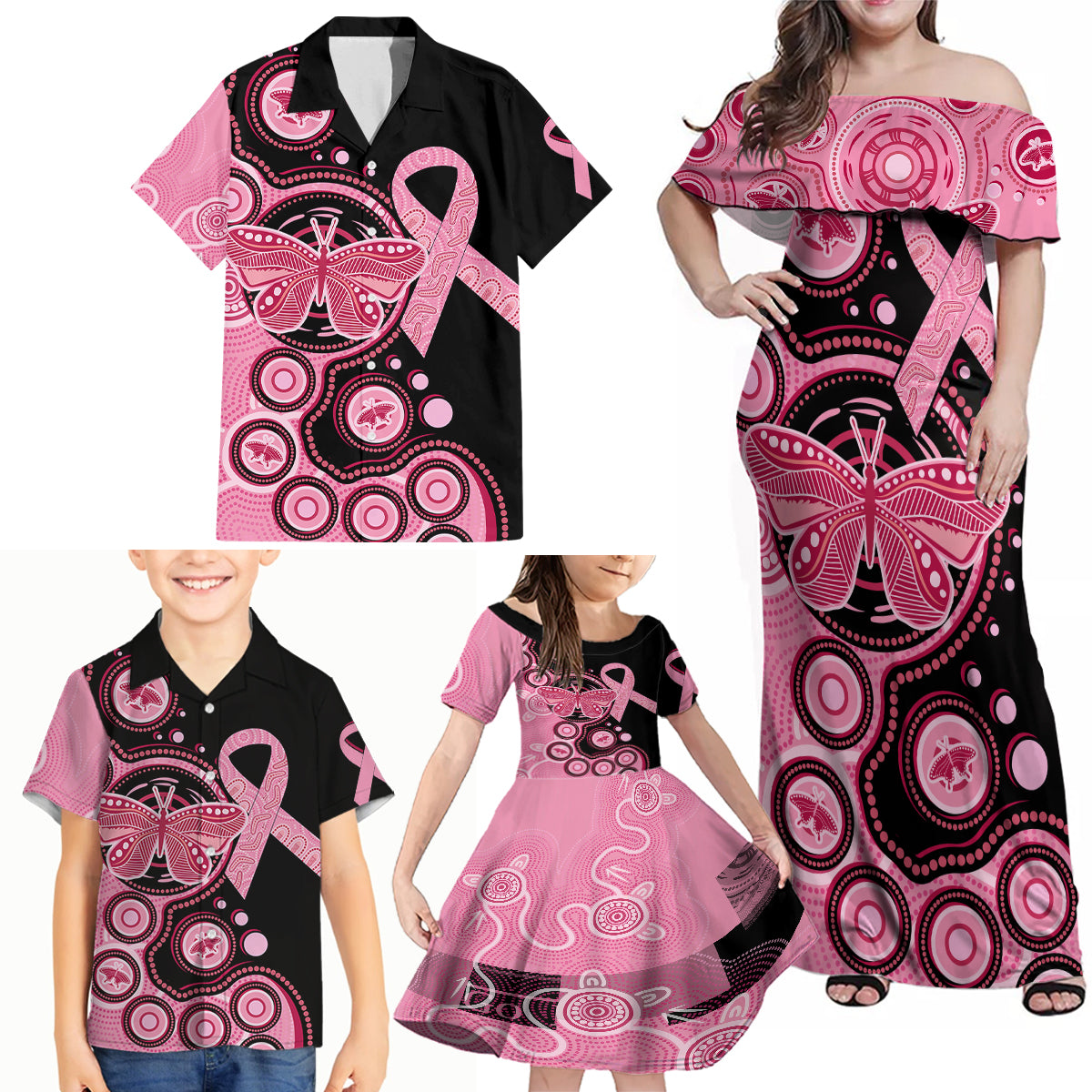 australia-indigenous-family-matching-off-shoulder-maxi-dress-and-hawaiian-shirt-breast-cancer-ribbon-butterfly-aboriginal-arts