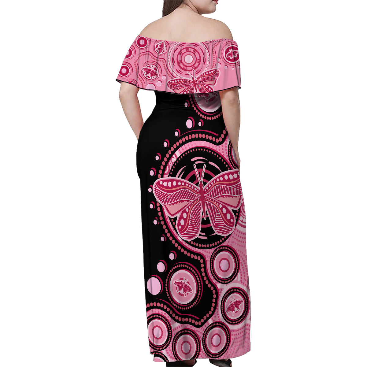 australia-indigenous-family-matching-off-shoulder-maxi-dress-and-hawaiian-shirt-breast-cancer-ribbon-butterfly-aboriginal-arts