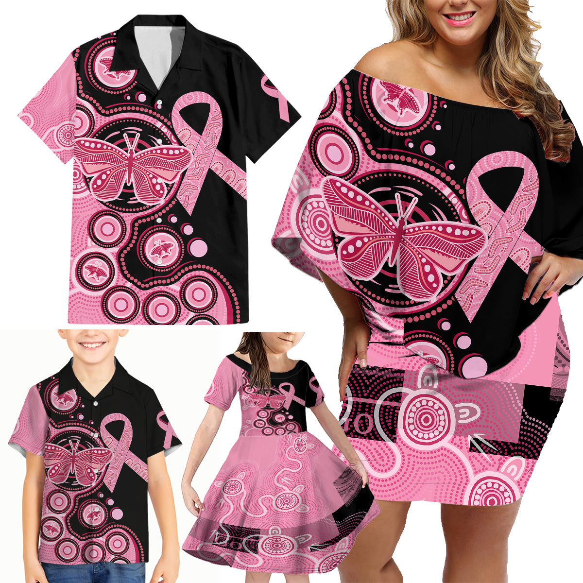 australia-indigenous-family-matching-off-shoulder-short-dress-and-hawaiian-shirt-breast-cancer-ribbon-butterfly-aboriginal-arts