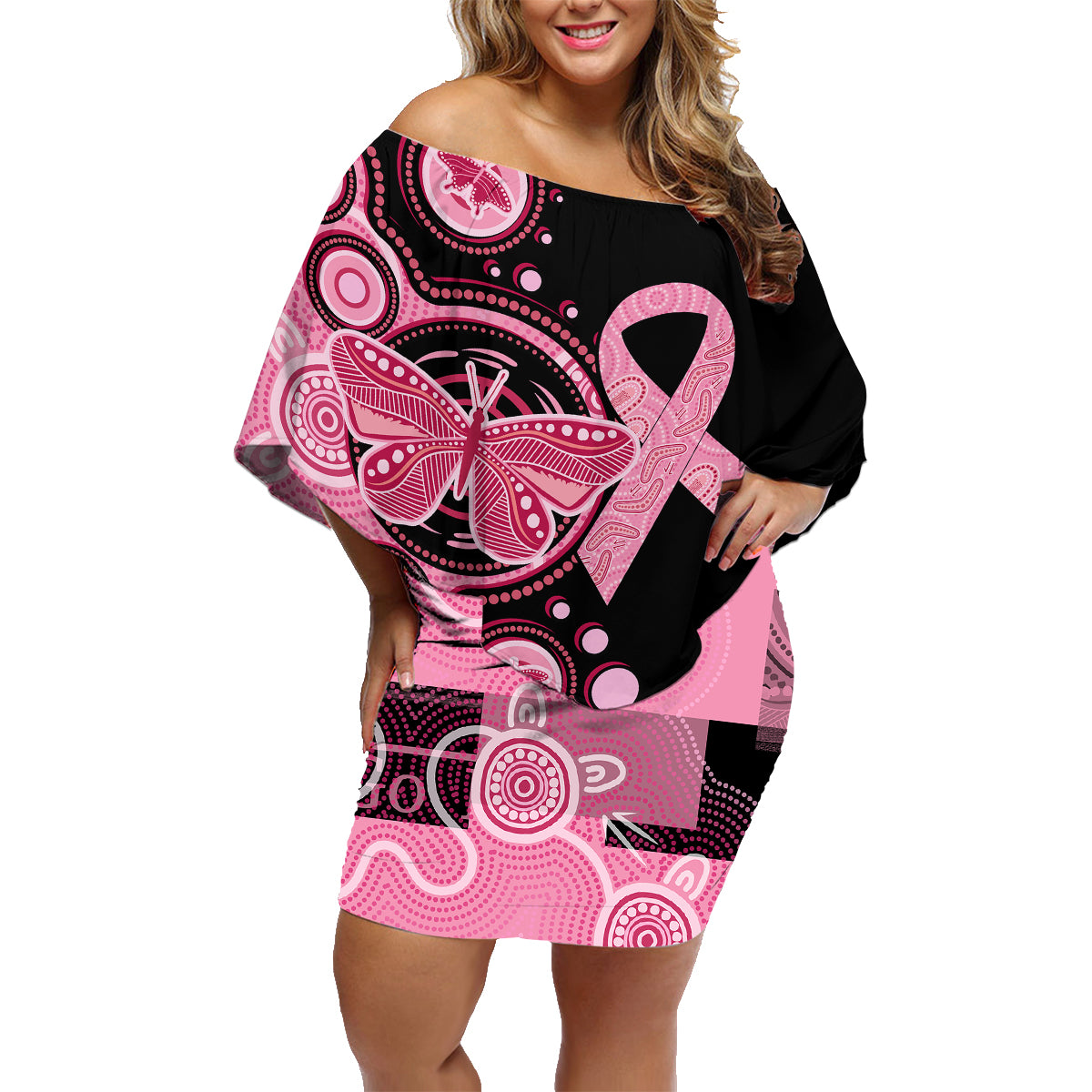 australia-indigenous-family-matching-off-shoulder-short-dress-and-hawaiian-shirt-breast-cancer-ribbon-butterfly-aboriginal-arts