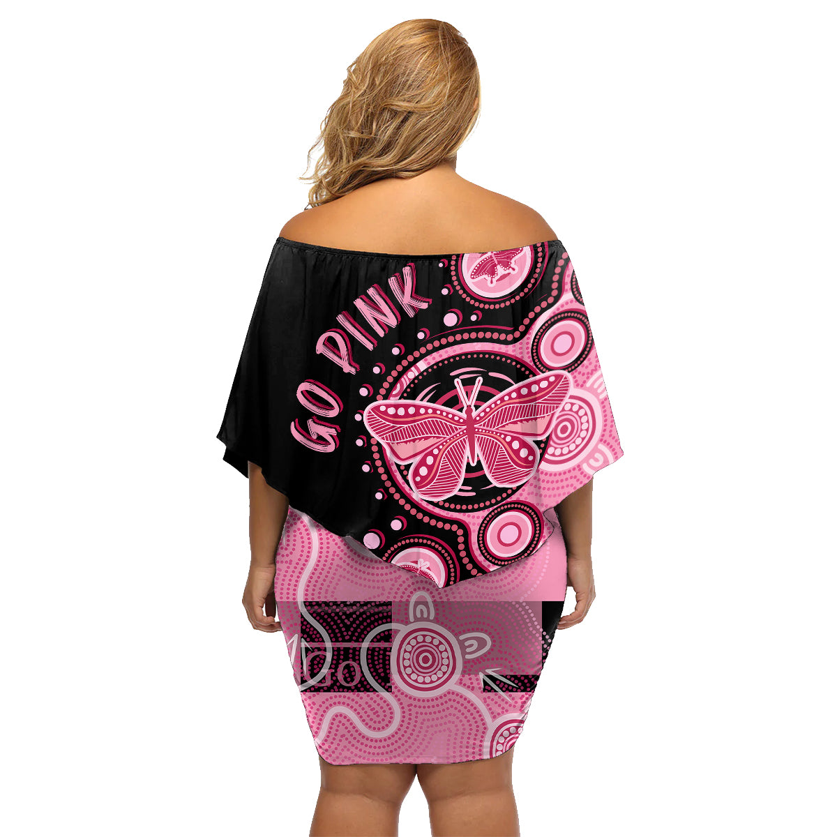 australia-indigenous-family-matching-off-shoulder-short-dress-and-hawaiian-shirt-breast-cancer-ribbon-butterfly-aboriginal-arts