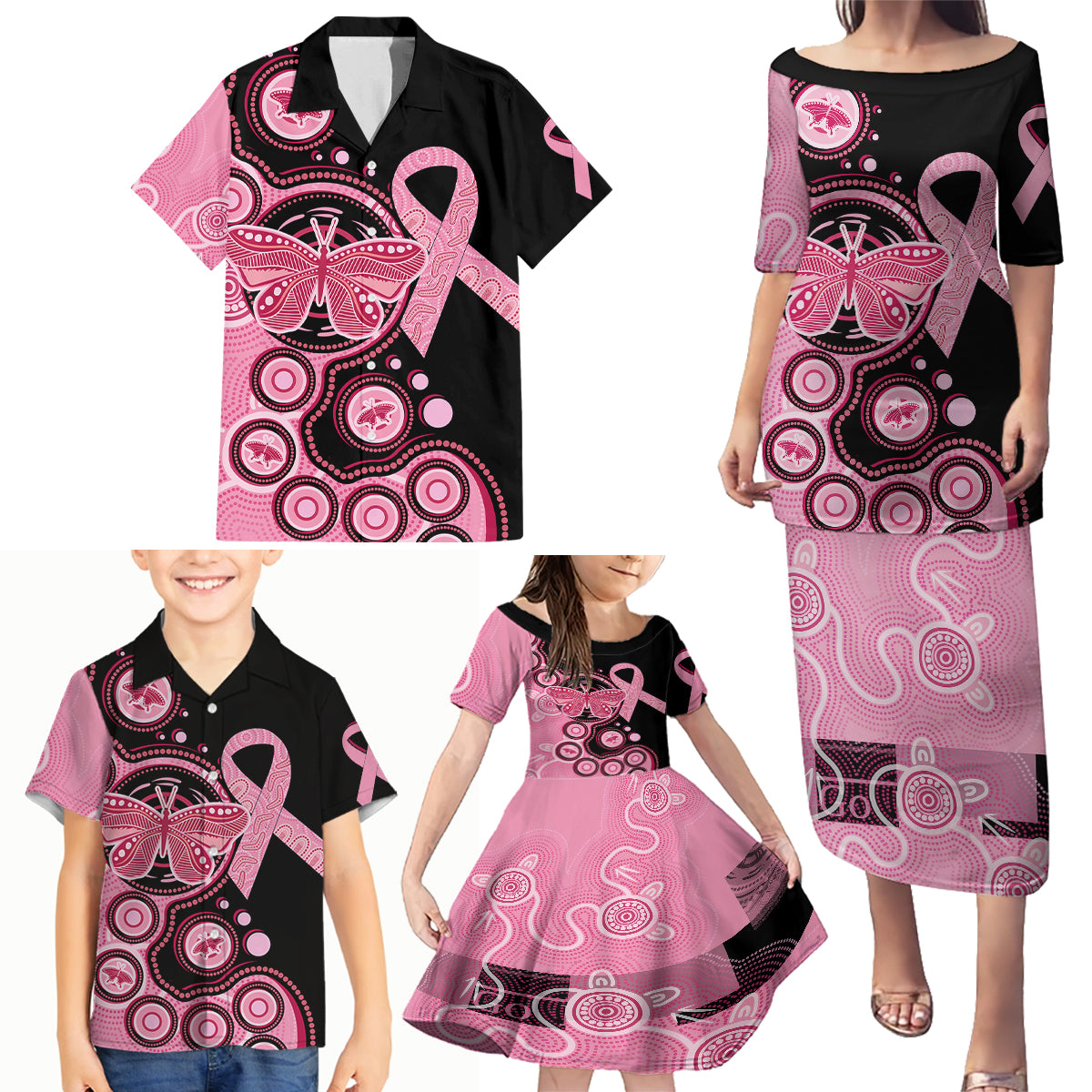 australia-indigenous-family-matching-puletasi-dress-and-hawaiian-shirt-breast-cancer-ribbon-butterfly-aboriginal-arts