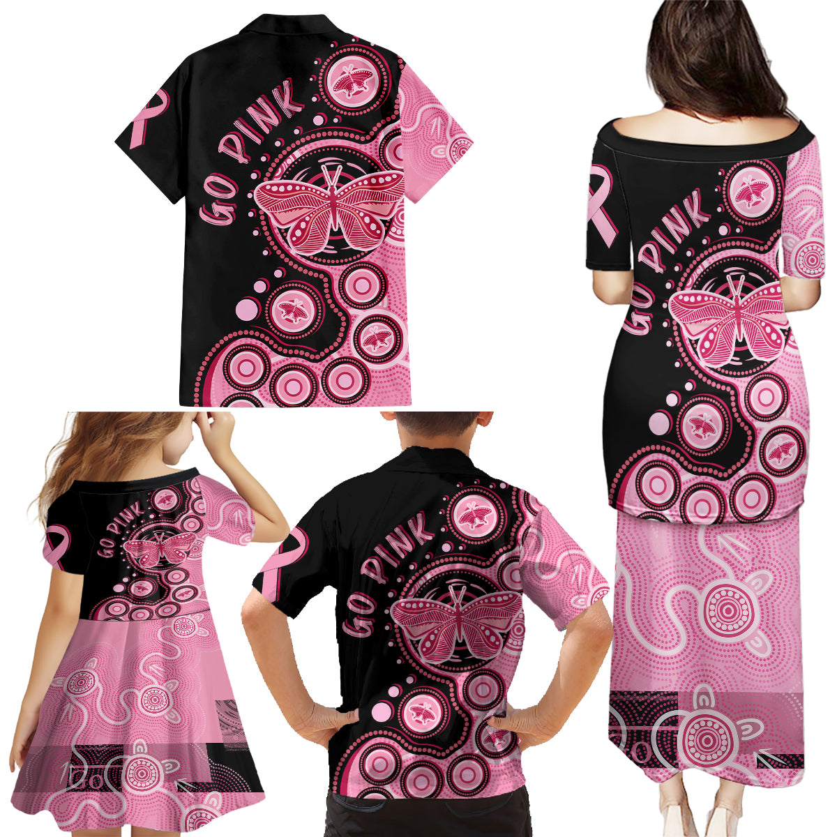 australia-indigenous-family-matching-puletasi-dress-and-hawaiian-shirt-breast-cancer-ribbon-butterfly-aboriginal-arts