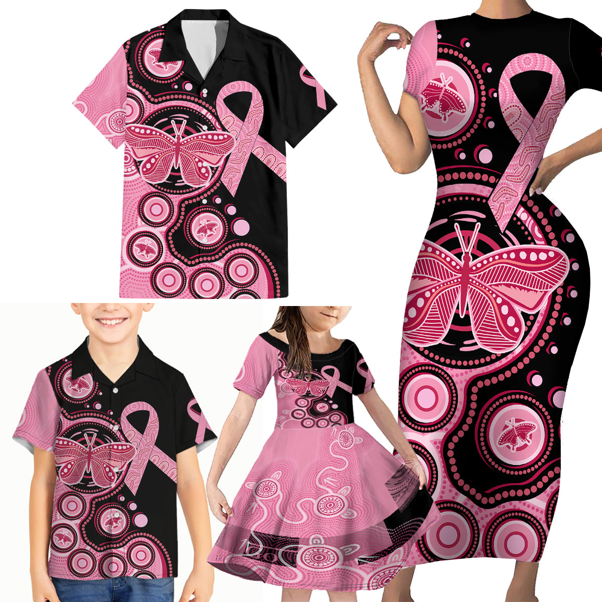 australia-indigenous-family-matching-short-sleeve-bodycon-dress-and-hawaiian-shirt-breast-cancer-ribbon-butterfly-aboriginal-arts