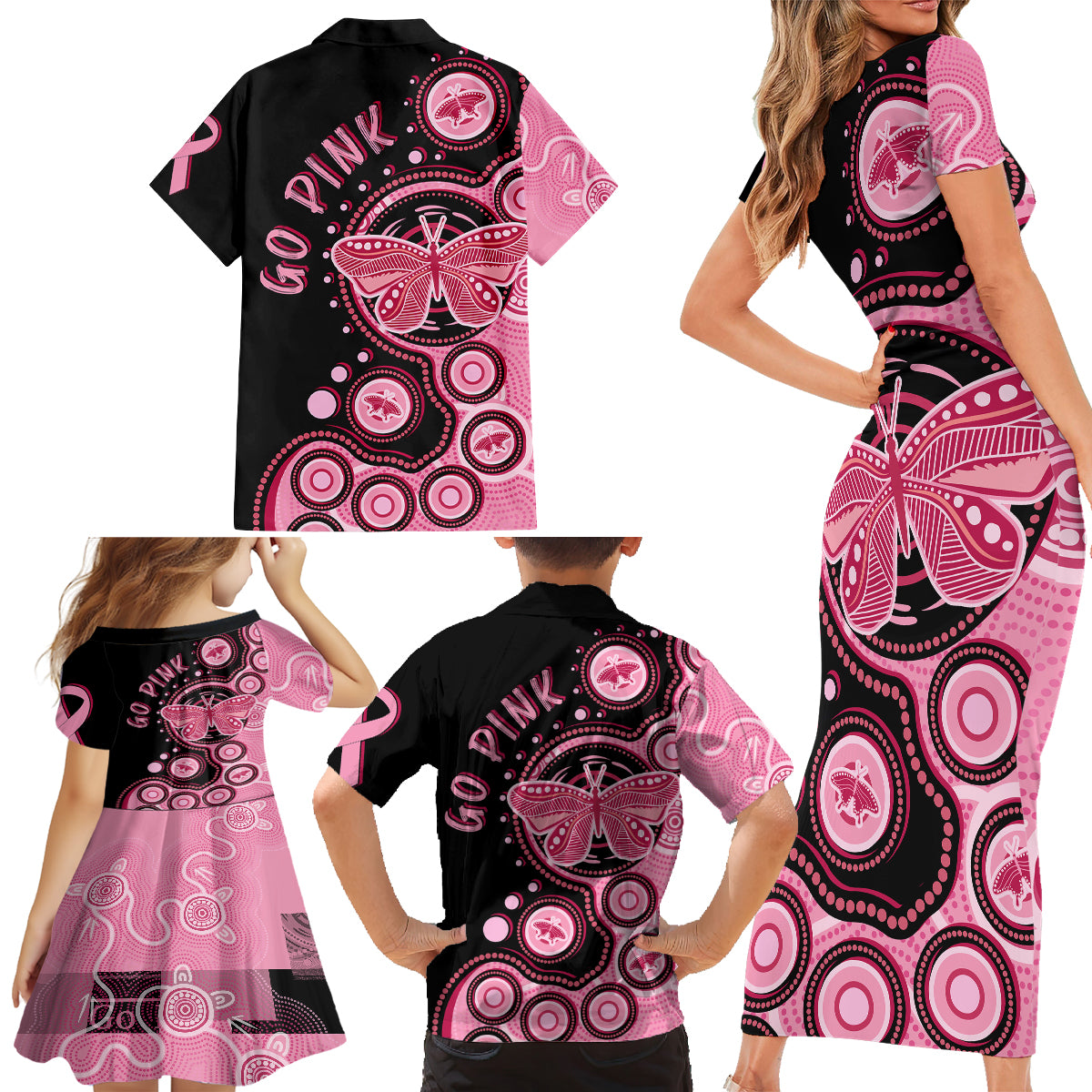 australia-indigenous-family-matching-short-sleeve-bodycon-dress-and-hawaiian-shirt-breast-cancer-ribbon-butterfly-aboriginal-arts