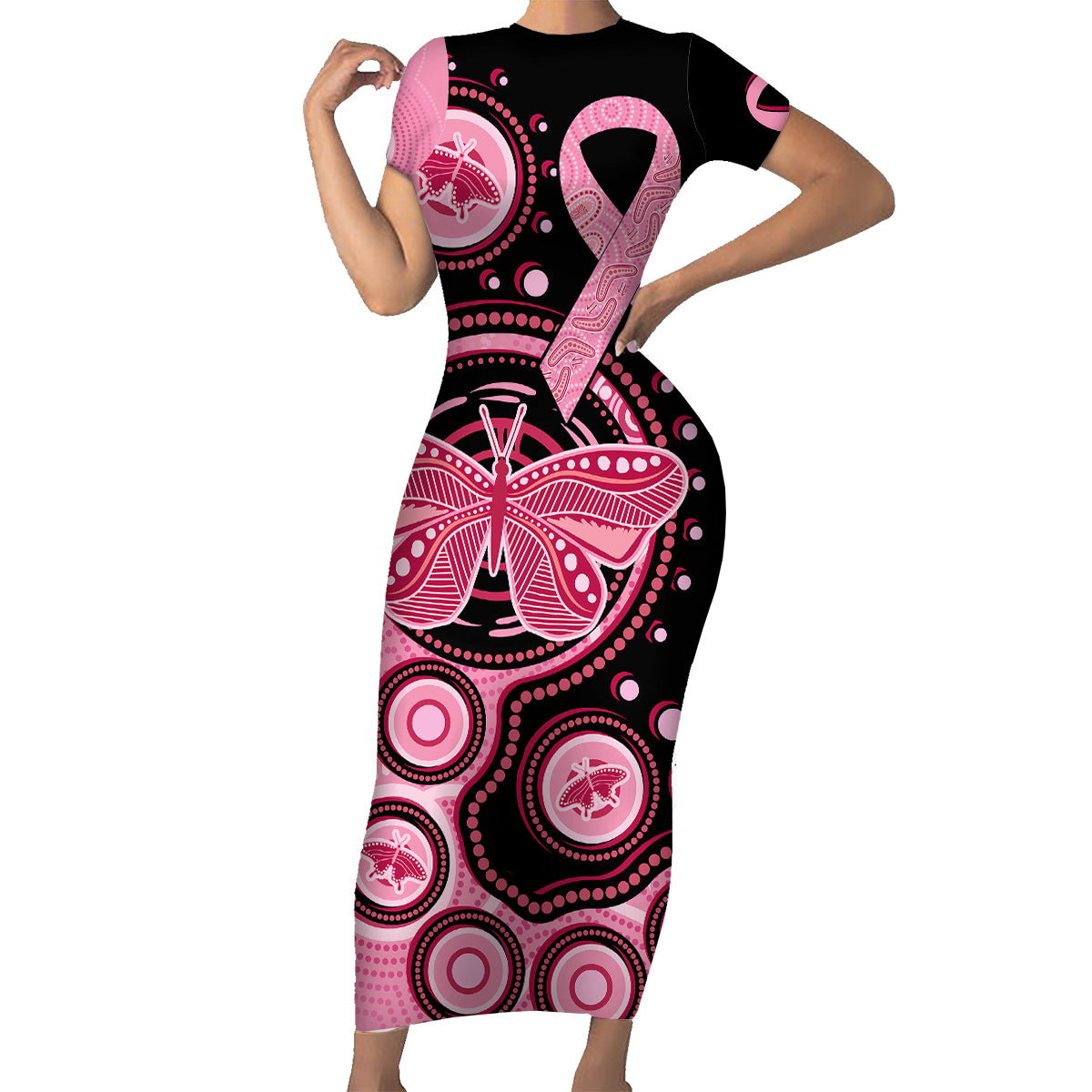 australia-indigenous-family-matching-short-sleeve-bodycon-dress-and-hawaiian-shirt-breast-cancer-ribbon-butterfly-aboriginal-arts