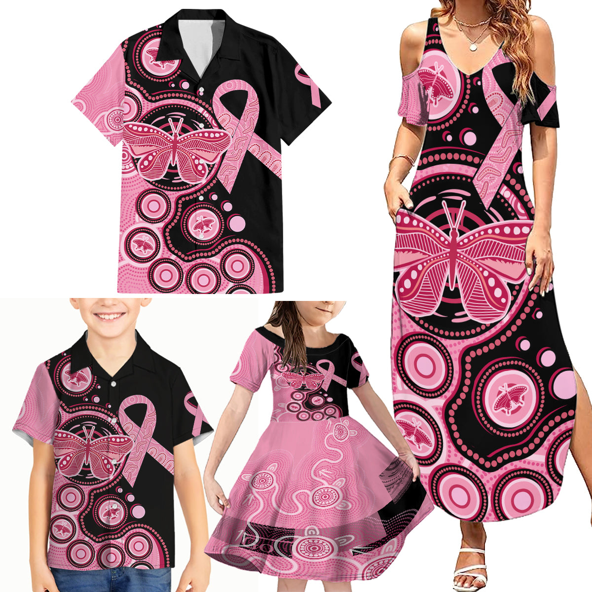 australia-indigenous-family-matching-summer-maxi-dress-and-hawaiian-shirt-breast-cancer-ribbon-butterfly-aboriginal-arts