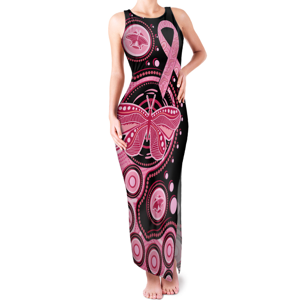 australia-indigenous-family-matching-tank-maxi-dress-and-hawaiian-shirt-breast-cancer-ribbon-butterfly-aboriginal-arts