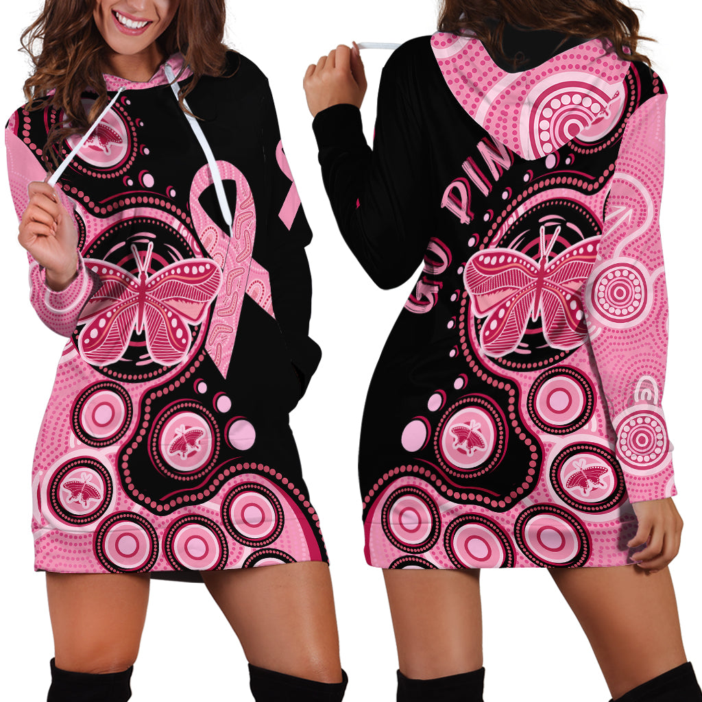 Australia Indigenous Hoodie Dress Breast Cancer Ribbon Butterfly Aboriginal Arts - Vibe Hoodie Shop