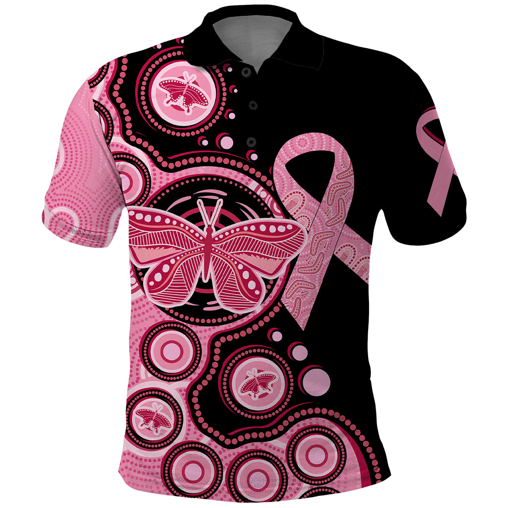 Australia Indigenous Polo Shirt Breast Cancer Ribbon Butterfly Aboriginal Arts - Vibe Hoodie Shop