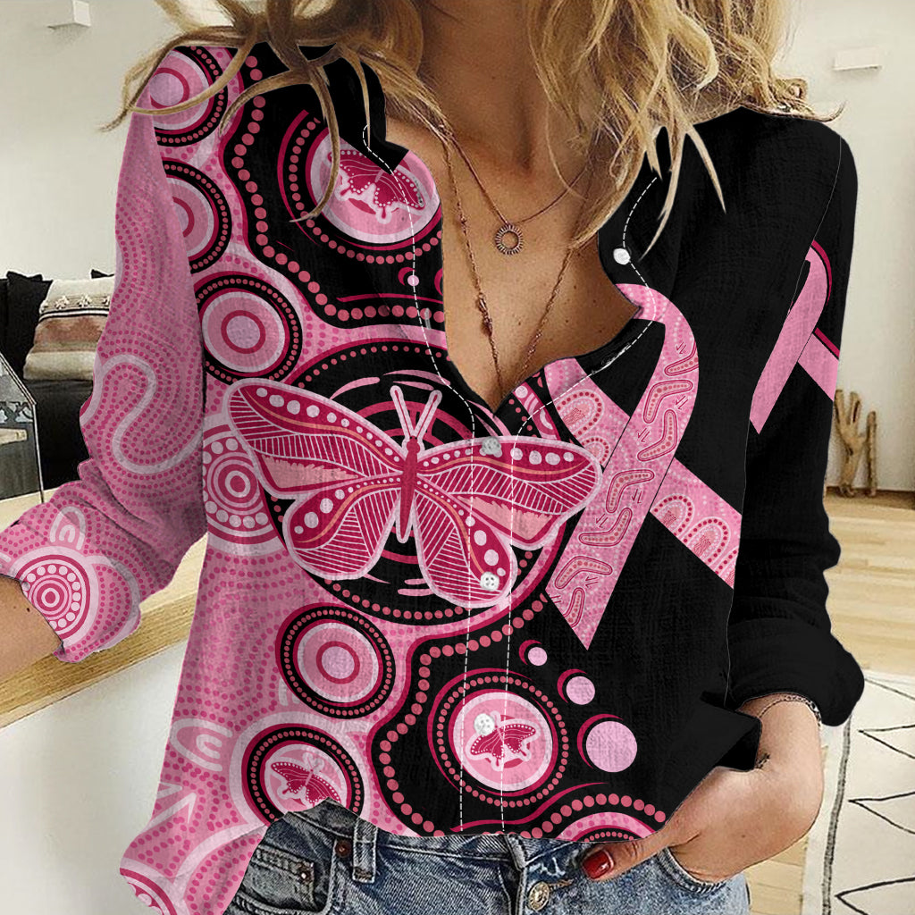 Australia Indigenous Women Casual Shirt Breast Cancer Ribbon Butterfly Aboriginal Arts - Vibe Hoodie Shop