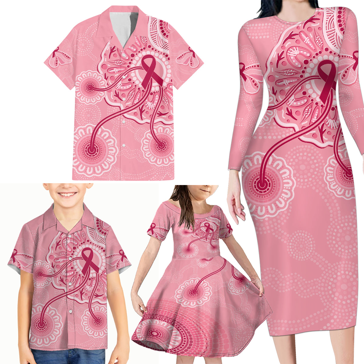 australia-indigenous-family-matching-long-sleeve-bodycon-dress-and-hawaiian-shirt-breast-cancer-ribbon-aboriginal-art-pink