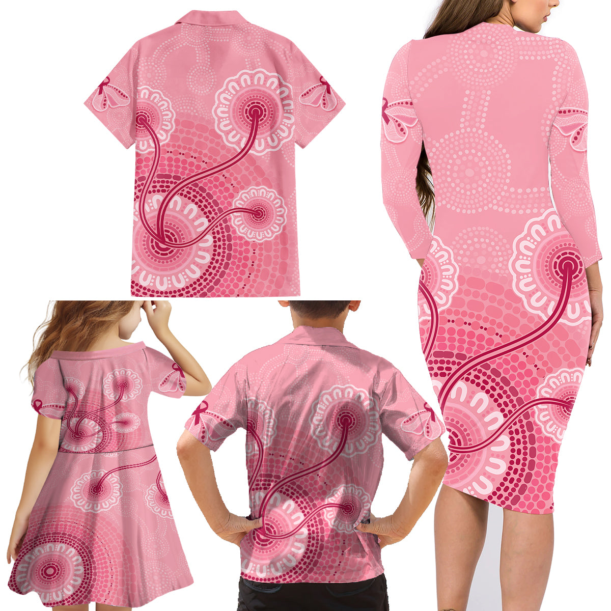 australia-indigenous-family-matching-long-sleeve-bodycon-dress-and-hawaiian-shirt-breast-cancer-ribbon-aboriginal-art-pink