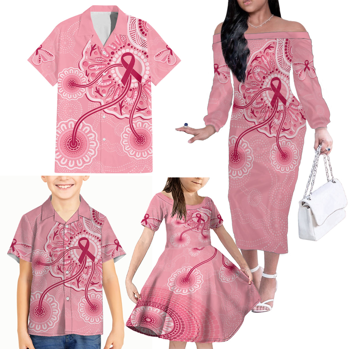 australia-indigenous-family-matching-off-shoulder-long-sleeve-dress-and-hawaiian-shirt-breast-cancer-ribbon-aboriginal-art-pink