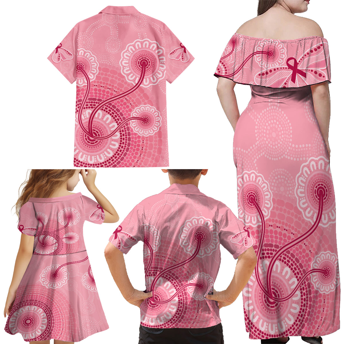 australia-indigenous-family-matching-off-shoulder-long-sleeve-dress-and-hawaiian-shirt-breast-cancer-ribbon-aboriginal-art-pink