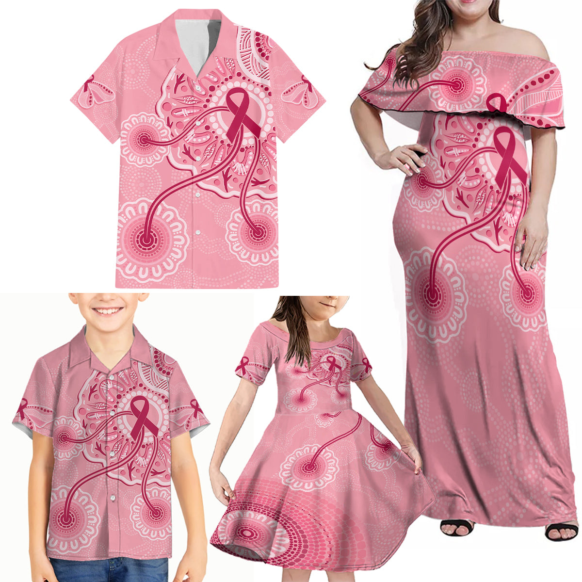 australia-indigenous-family-matching-off-shoulder-maxi-dress-and-hawaiian-shirt-breast-cancer-ribbon-aboriginal-art-pink