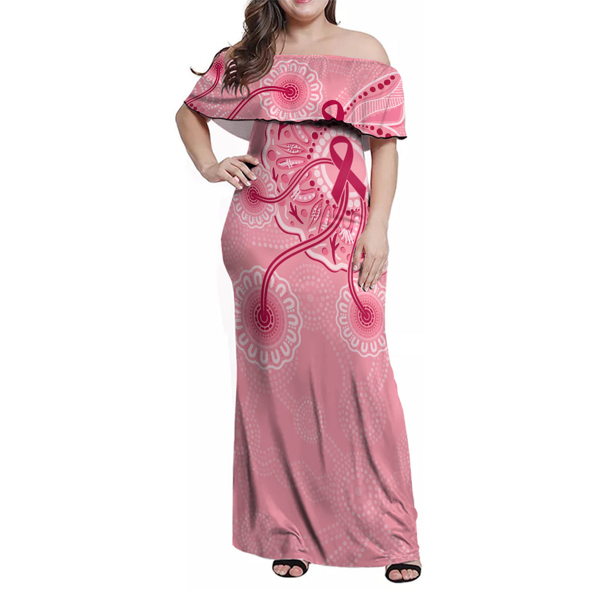 australia-indigenous-family-matching-off-shoulder-maxi-dress-and-hawaiian-shirt-breast-cancer-ribbon-aboriginal-art-pink