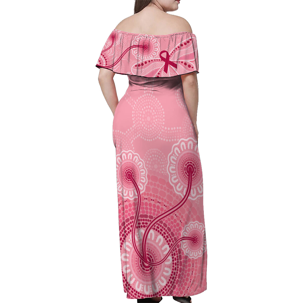 australia-indigenous-family-matching-off-shoulder-maxi-dress-and-hawaiian-shirt-breast-cancer-ribbon-aboriginal-art-pink