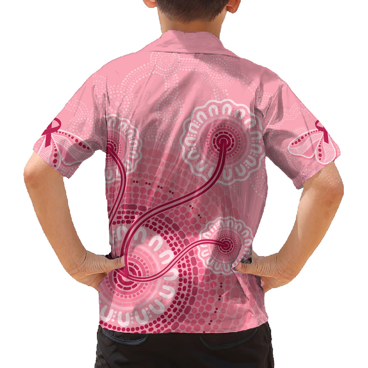 australia-indigenous-family-matching-off-shoulder-short-dress-and-hawaiian-shirt-breast-cancer-ribbon-aboriginal-art-pink