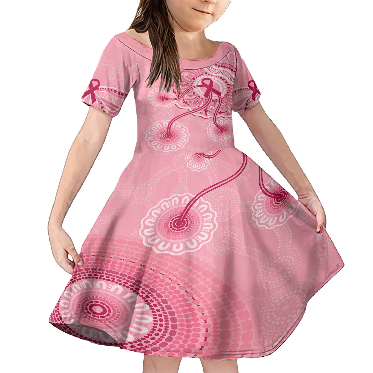 australia-indigenous-family-matching-off-shoulder-short-dress-and-hawaiian-shirt-breast-cancer-ribbon-aboriginal-art-pink