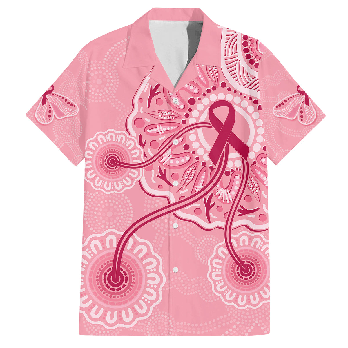 australia-indigenous-family-matching-off-shoulder-short-dress-and-hawaiian-shirt-breast-cancer-ribbon-aboriginal-art-pink